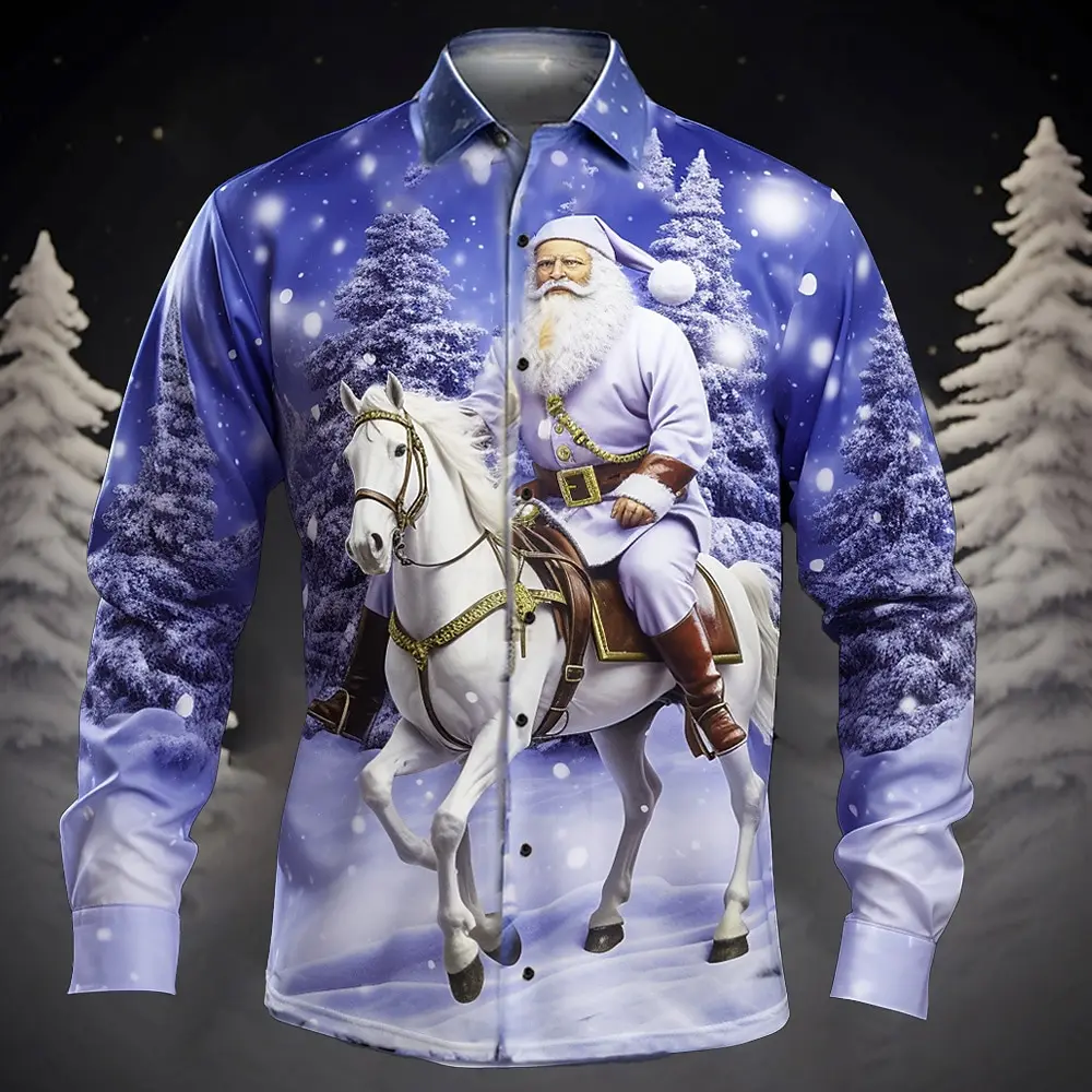 Santa Claus Print New Year Men's Long Sleeve Shirt New Open Cardigan Men's Casual Lapel Top Comfortable Men's Shirt