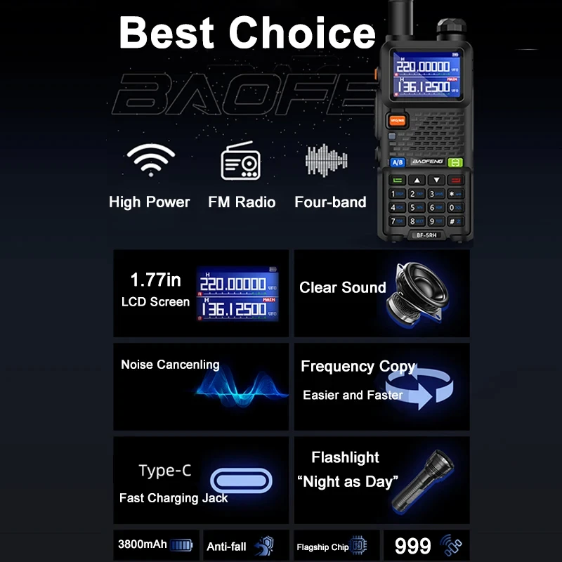 UV-5RM Walkie Talkie Baofeng  14.5W High Capacity Batte USB-C Charger Four-Band 999CH Wirless Copy Frequency Two Way Radio UV-5R 6