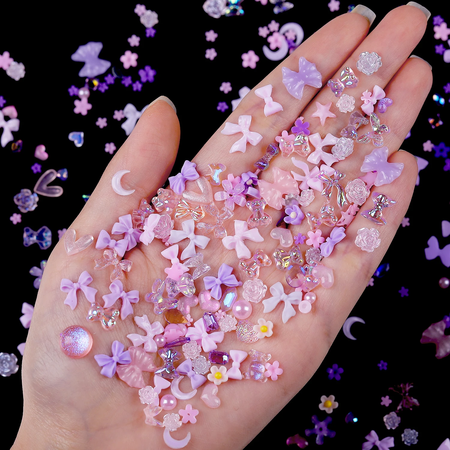 1Bag Mix Colorful Jelly Clear Ribbon Bowknot Nail Charms Heart Pearls Flower Flat-back Gems Parts Nail Art Manicure Decorations 4