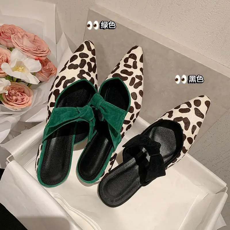 Leopard print horse hair Muller shoes, color matching bow French style half slippers, sexy women's shoes for summer wear