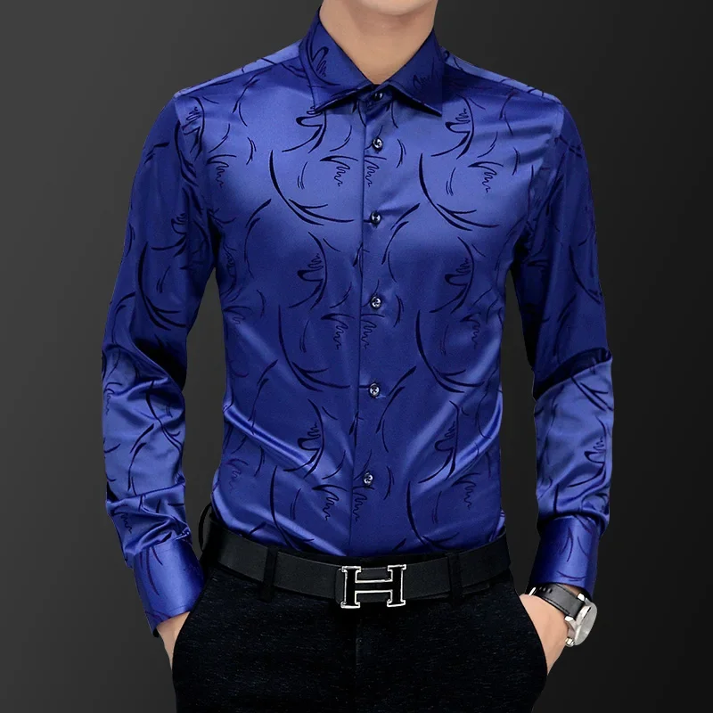 Korean Fashion Style Men's Shirt Wedding Dress Long Sleeve Vintage Shirt Silk Tuxedo Top Chemise Male Cotton White