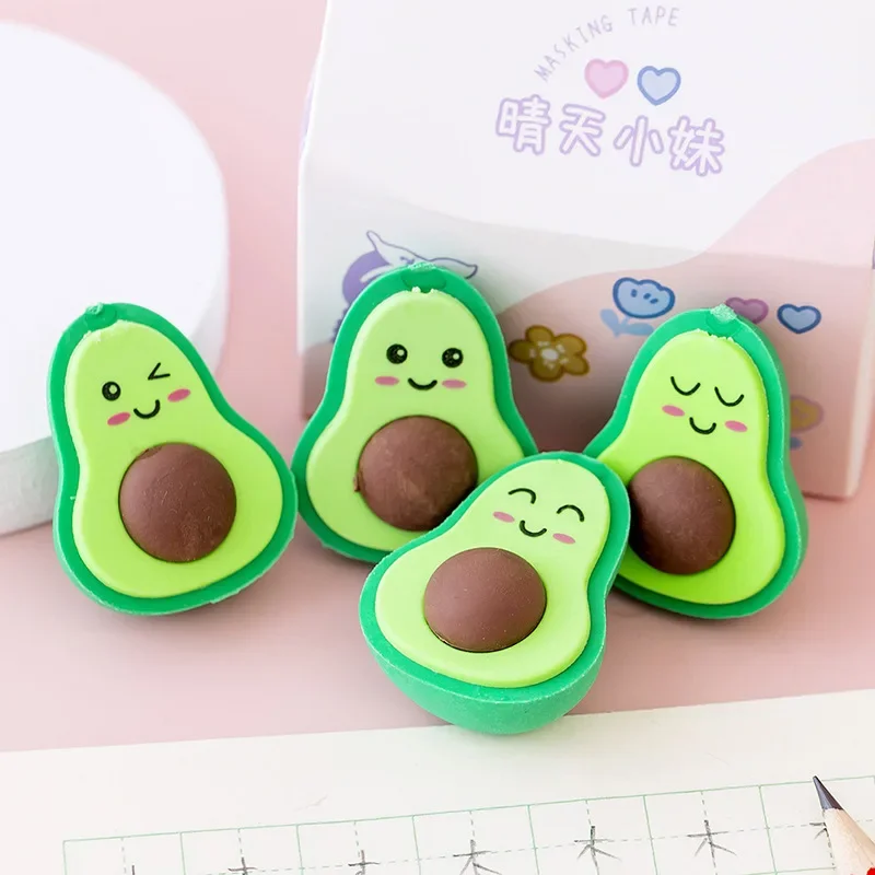 

NEW Cute Kawaii Avocado Rubber Erasers Novelty Fruit Pencil Eraser for Student School Correction Supplies Kids Gift Promotional