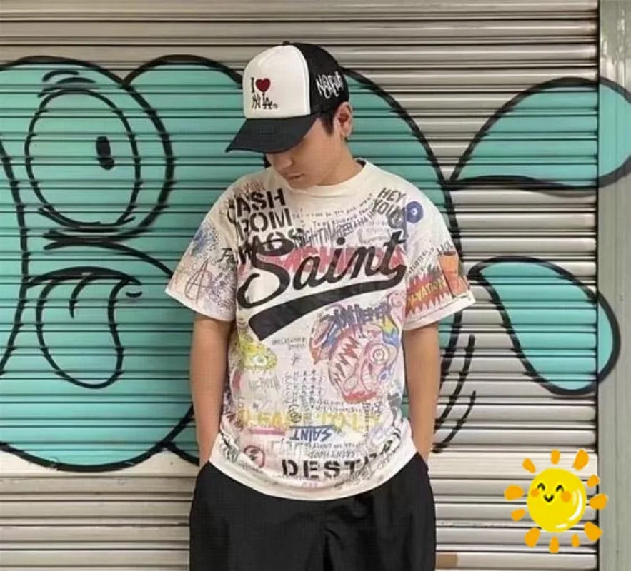 

24SS Best Quality Full Printing Comic Graffiti SAINT MICHAEL T Shirt Men Women Vintage T-Shirt Tee Top