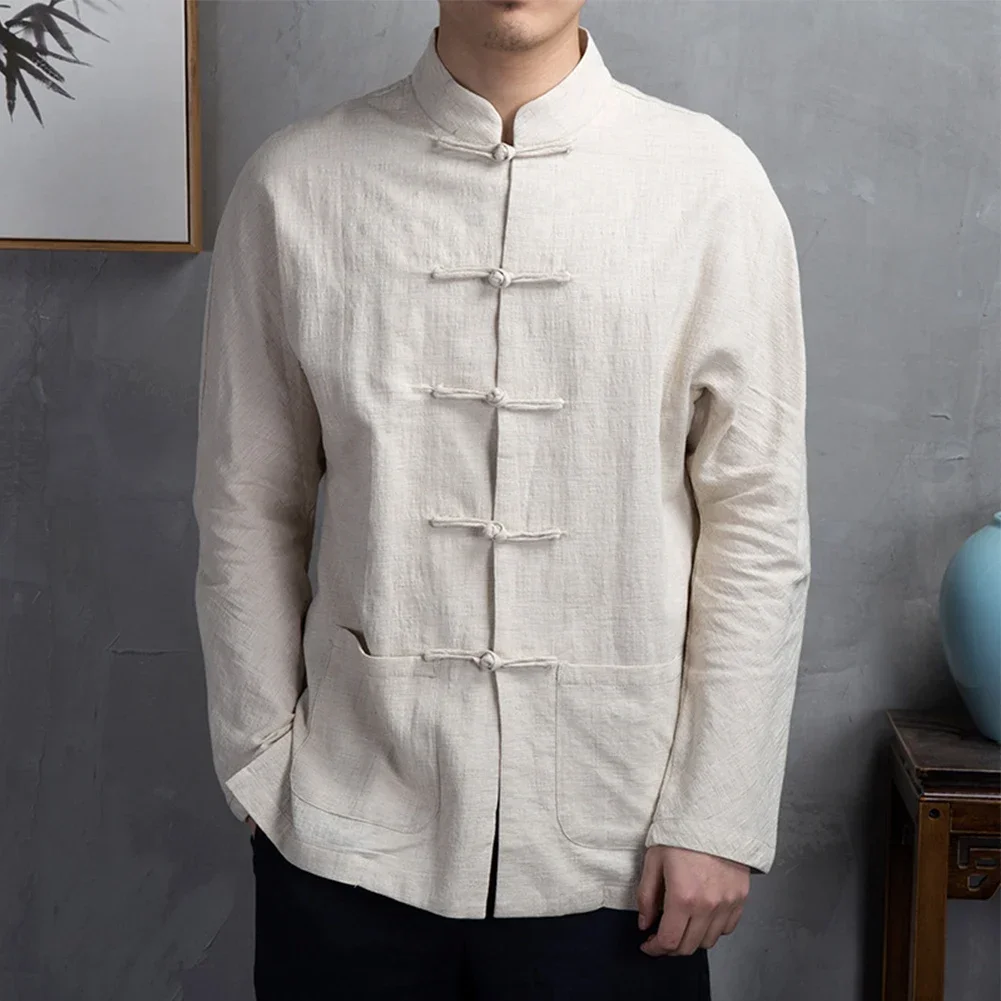 Men Chinese Traditional Kung Fu Tai Chi Coat Tang Suit Uniform Jacket Long Sleeve Blouse Retro Shirt Button Up Hanfu