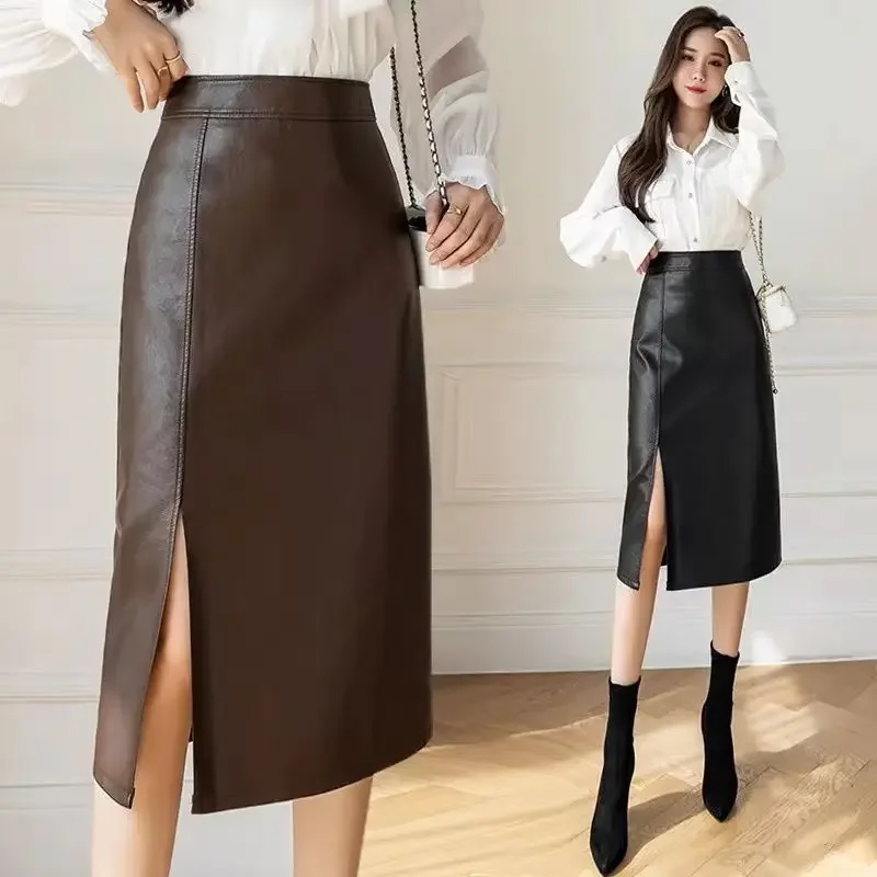 

Versatile Slim and Fashionable Small Mid Length Wrapped Hip Leather Skirt Winter Fashion Luxury High Waist Split Half Skirt C141