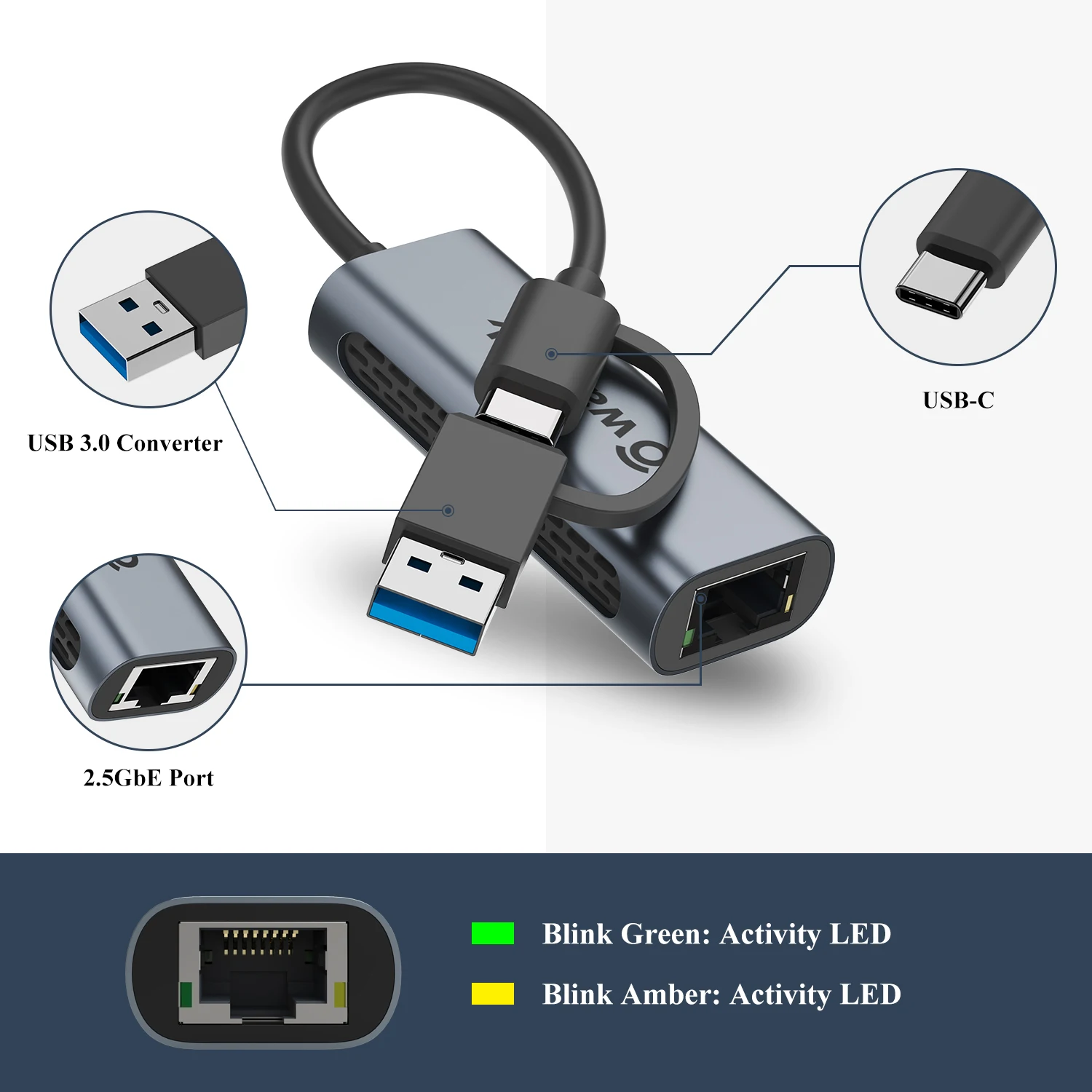 2500Mbps USB C 2.5G External Gigabit Ethernet Adapter Type C To RJ45  Converter Ethernet Lan Adapter