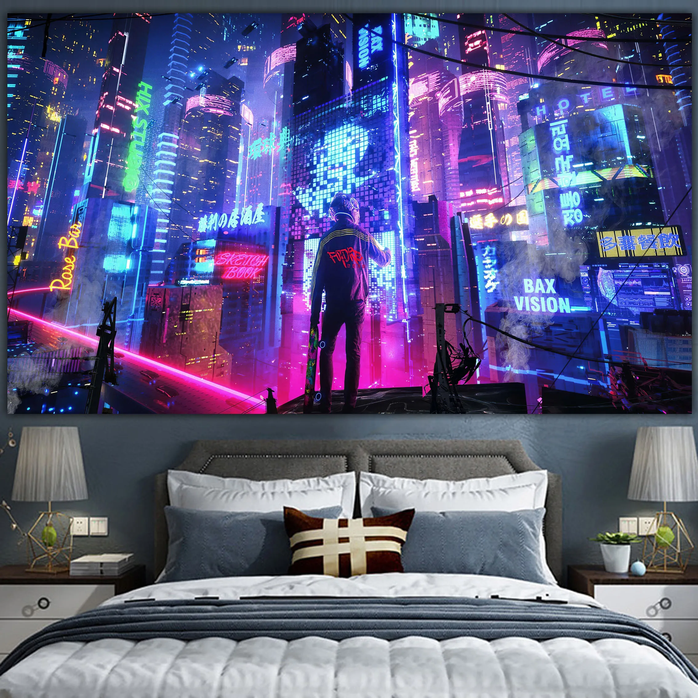 

Настенный гобелен в стиле киберпанк, тканевый постер с декором для создания атмосферы фильма, для гостиной, спальни, общежития, прикроватный столик