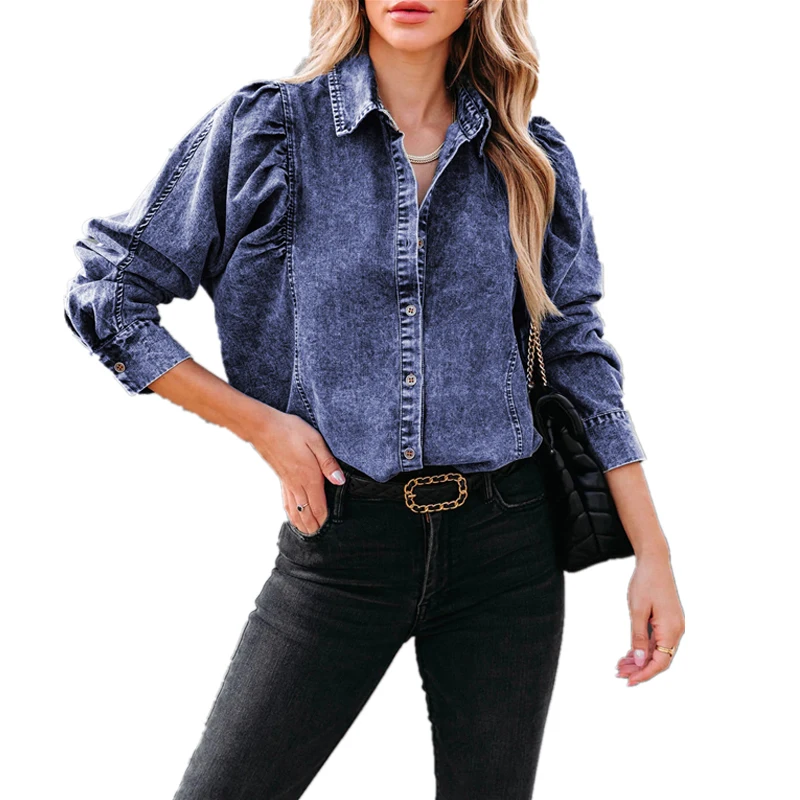 Girl Blouse Puff Long Sleeve Boho Denim Shirts Women Tops Vintage Cotton Blusas Casual 2023 Spring Autumn Loose Cowboy Shirt