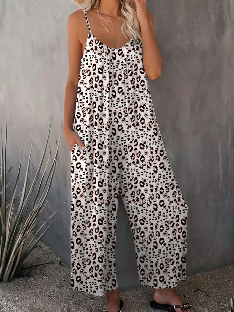 

2023 New Summer Women's Pants Cross Border Leopard Pattern Pocket Loose Casual Strap Women's Jumpsuits