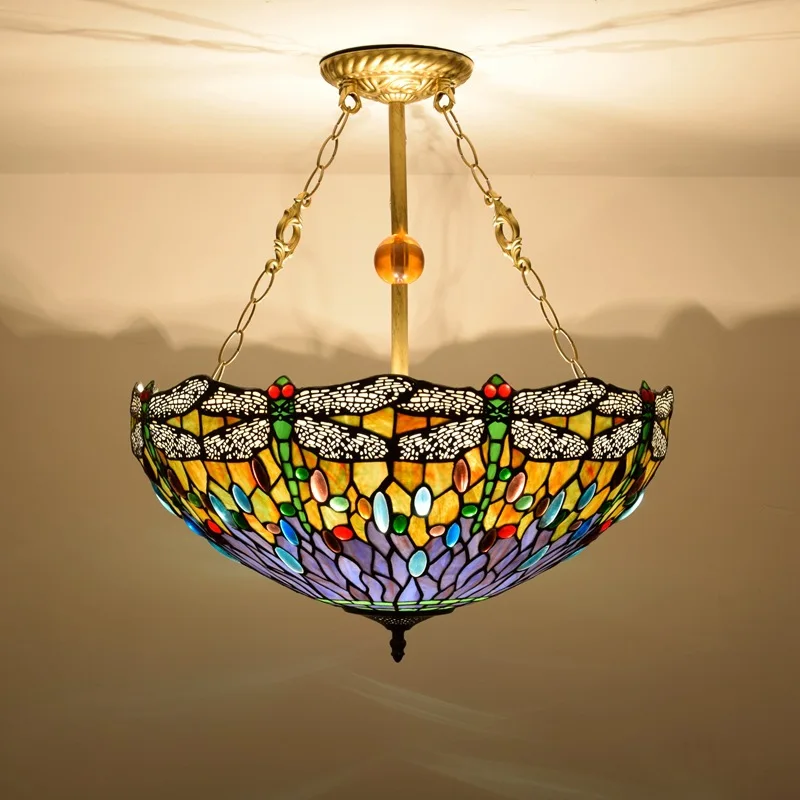 

50CM Antique Dragonfly Art Bar Lamp Ou Tiffany Creative Colored Glass Restaurant Bedroom Pendant Lamp