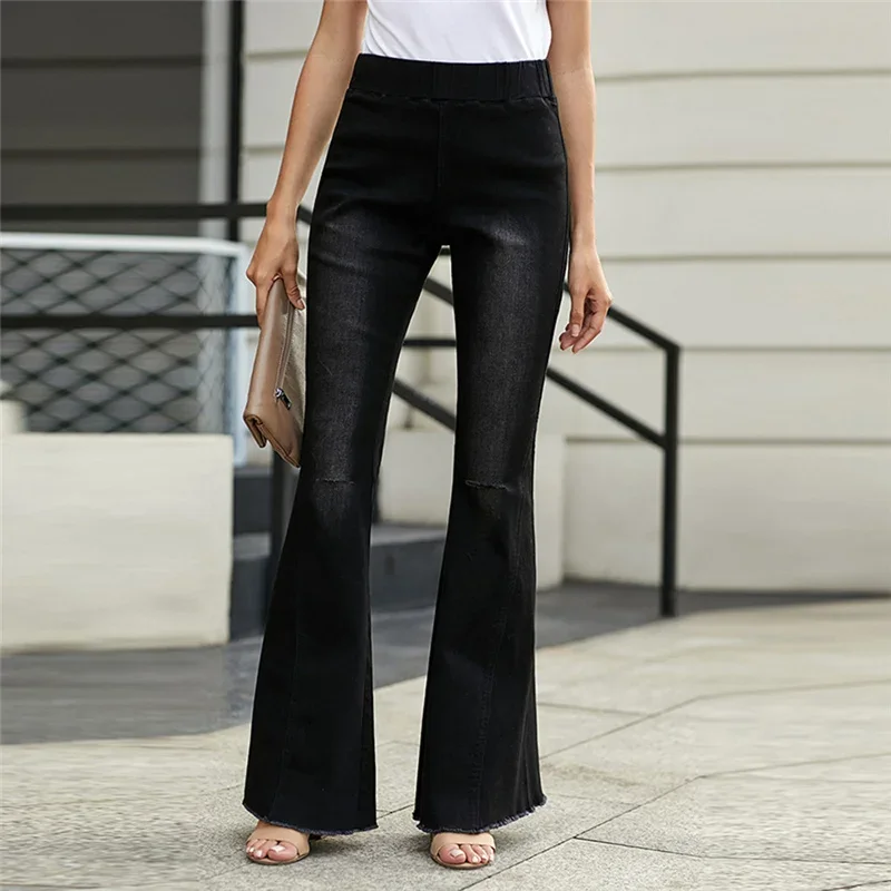 Women Vintage Tassel Solid Full Length Pants Hole Jeans Flared Pant Casual Elastic Waist Slim Loose Office Lady Denim Trousers