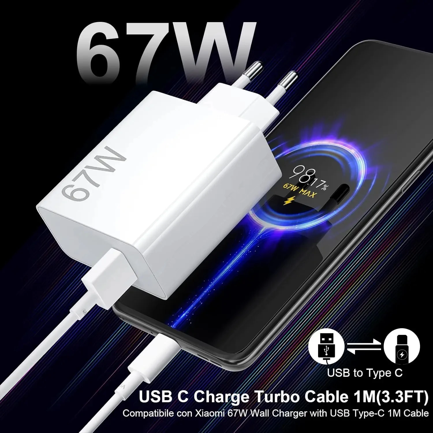 67W 6A Turbo EU Fast Charger For Xiaomi 11 12 13 14 15 17 Pro Max Redmi Note 11T 12T 13 POCO X6 Type C USB Quick Charging Cable