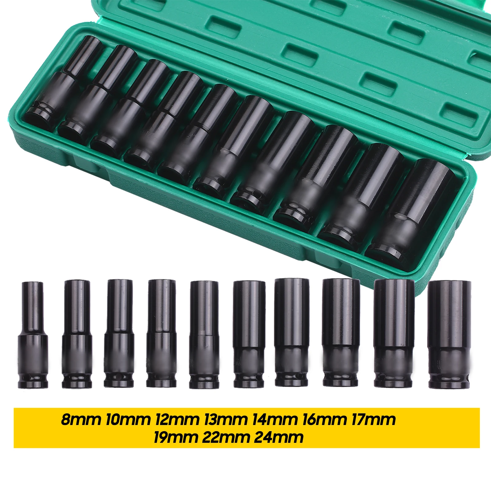 1/2Inch Drive 6-Point Impact Socket Set 10-Piece Metric Sizes 8-24mm Carbon Steel Impact Socket Set with Hard Storage Box