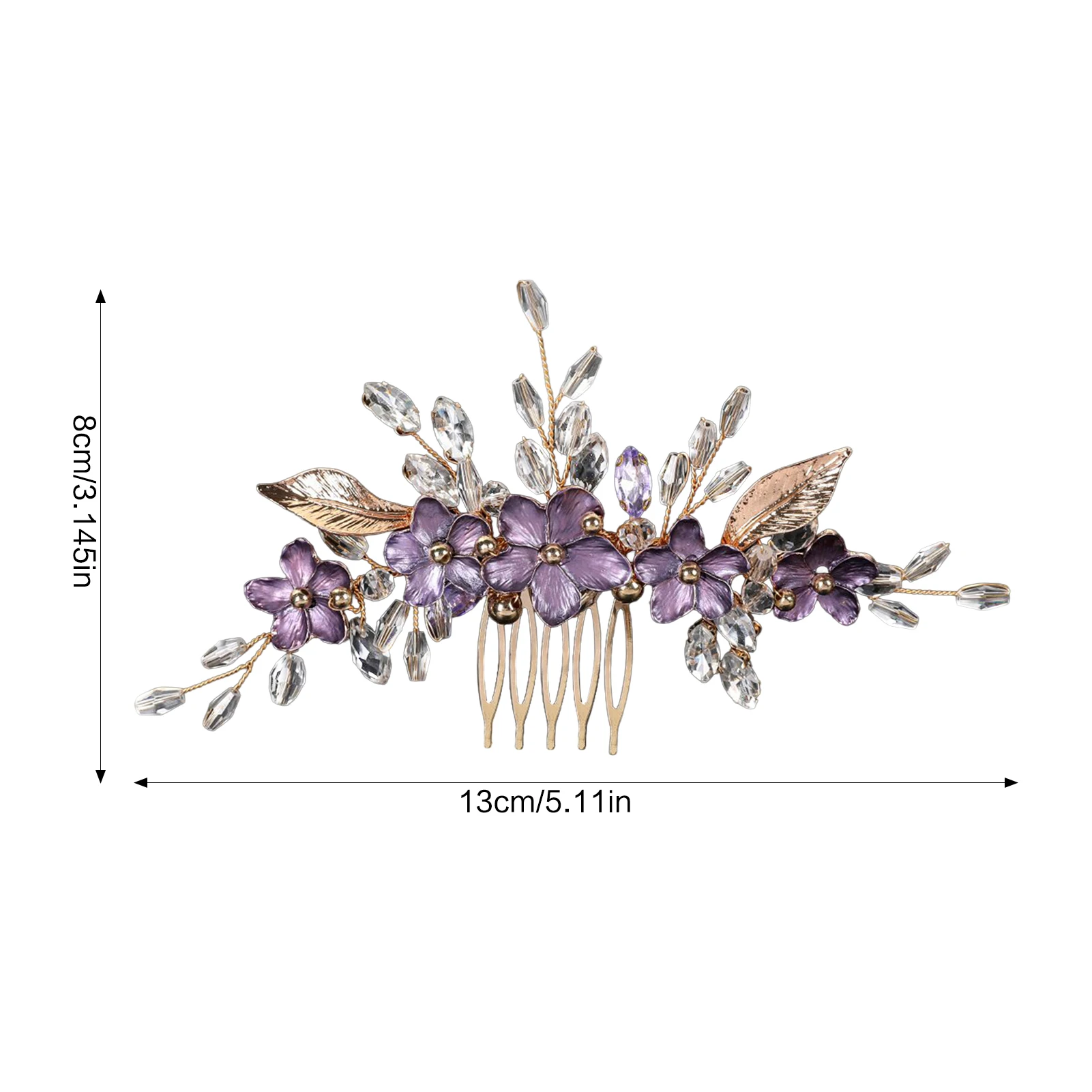 Lila Blumen-Haarkämme für die Braut, Hochzeit, goldfarbene Haarnadeln aus Legierung, seitliche Clips, Kristallperlen, Dekor, Brautparty, Haarschmuck – Detail 7