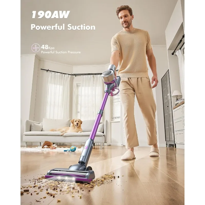 Cordless Vacuum Cleaner, 48kPa/190AW Powerful Suction, 60mins Max Runtime, 4000mAh Large Battery, Anti Hair Wrap Stick Vacuum 2
