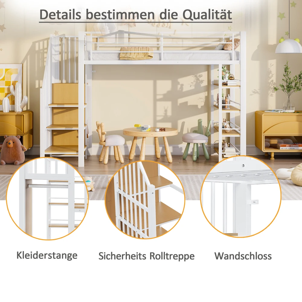 90*200cm Hochbett für Kinder, mit Sicherheitstreppe, Stauraum und kleinem Kleiderschrank, Bodeneinbaum, Hochzaun-Design, Einzelbett – Detail 21