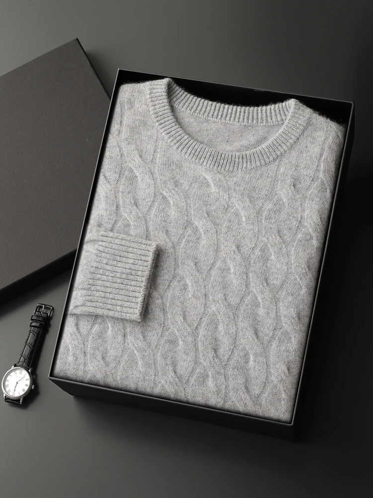 2024 Men's 100% Cashmere Cable Knit Sweater Autumn Winter O-neck Thick Long Sleeve Pullover Smart Casual Cashmere Knitwear Tops 3