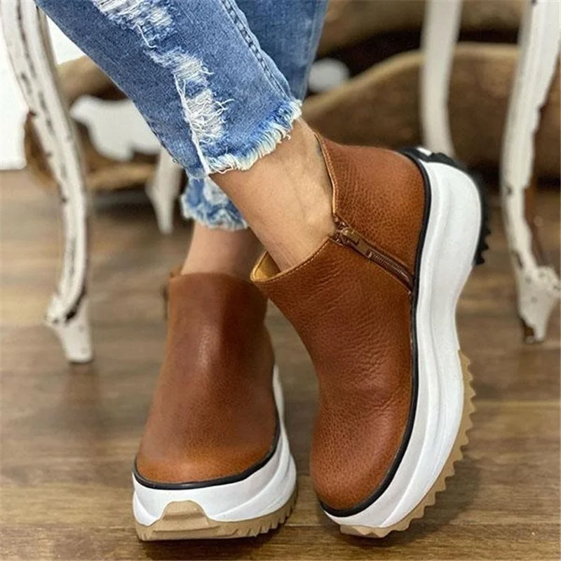 Winter Wedges Women Boots Comfortable Ankle Boots Shoes Round Toe Lace Up and Zip Thicken Plus Size 43 New Botas De Mujer