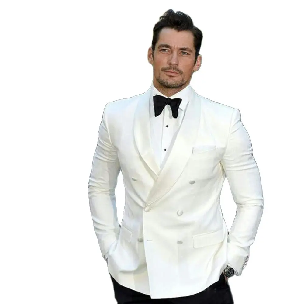 

Latest Ivory Mens Suits Groom Tuxedos Groomsmen Wedding Party Dinner Set Double Breasted Best Man Suits (Jacket+Pants)