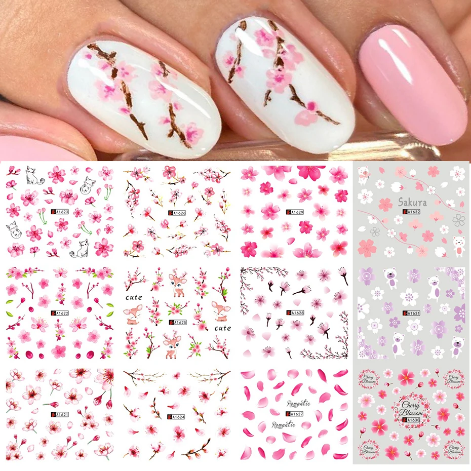 Spring Sakura Nail Water Stickers Pink Cherry Blossoms Decals Flowers Leaf Tree Summer Nails Art Decoration Sliders BEA1621-1632