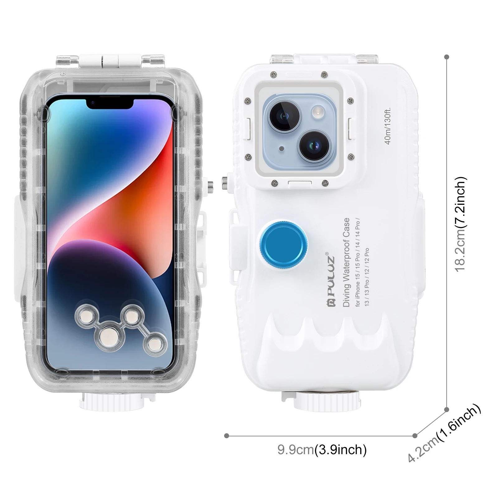 PULUZ 40m 130ft Waterproof Diving Case for iPhone 16 15 15 Pro 14 14 Pro 13 13 Pro Photo Video Taking Underwater Cover Case