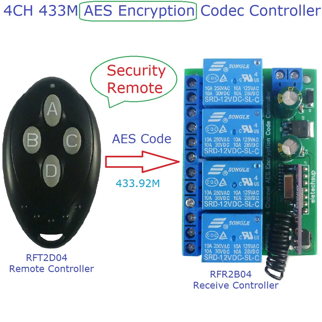 

433M DC12V 4CH AES Encryption Controller AES128 Remote Control Keyfob Transmitter Board replace HCS301 Rolling Code 2262 EV1527