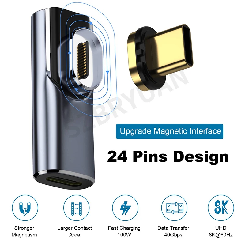 USB4.0 40Gbps USB C Elbow Magnetic Adapter OTG USB C To Type 100W Fast Charging Magnet Converter 8K@60Hz 90 Degree adaptador