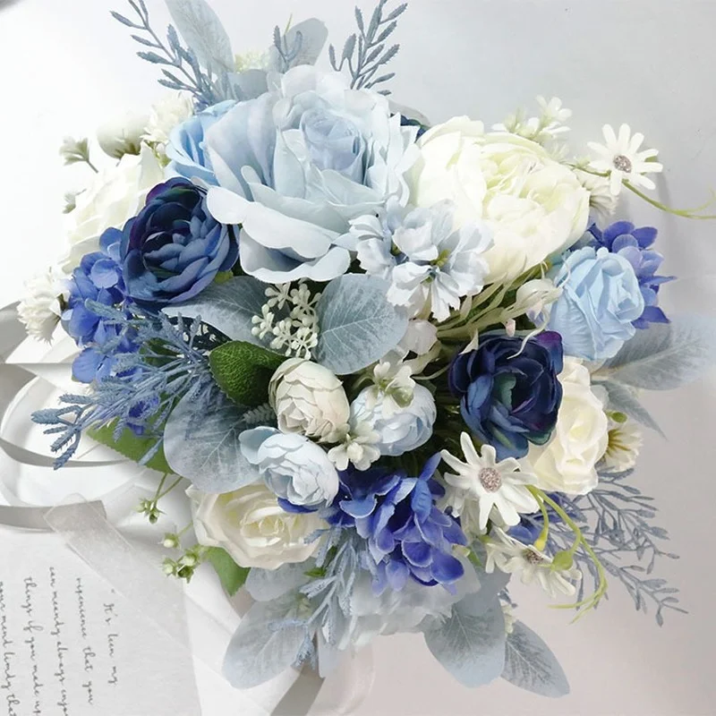 Blue artificial flower bridal bouquet ramos de novia