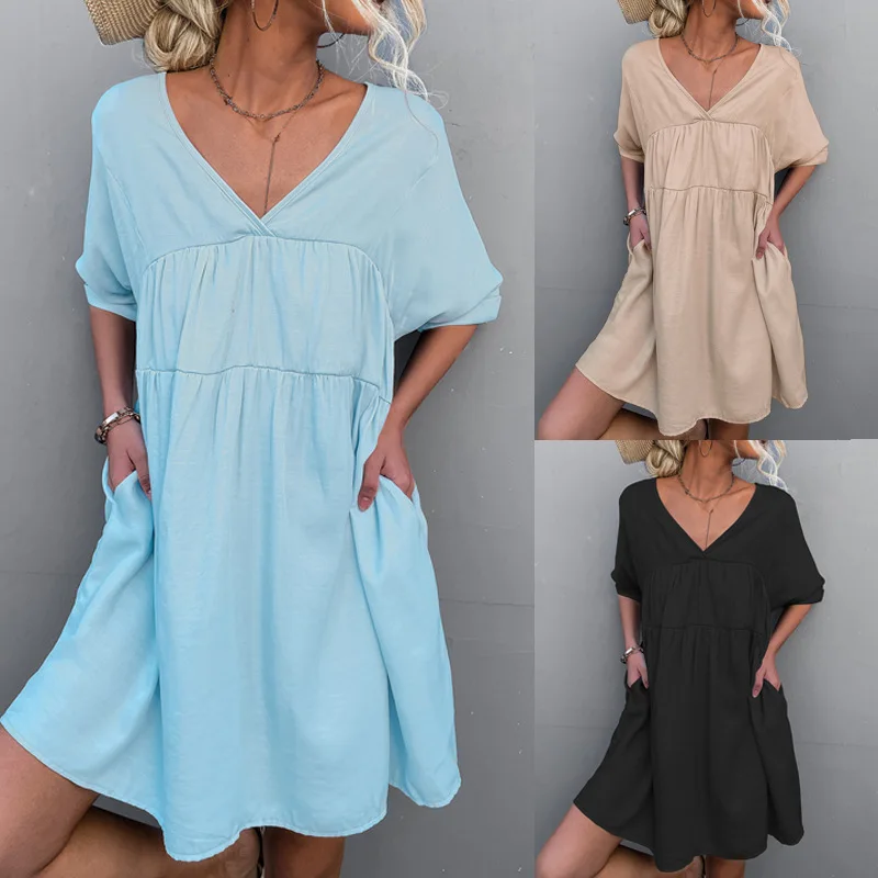 

2023 Spring And Summer New Solid Color V-Neck Loose Dress Fold Splicing Half Sleeve Pockets Fashion Casual Dress Big Swing Skirt