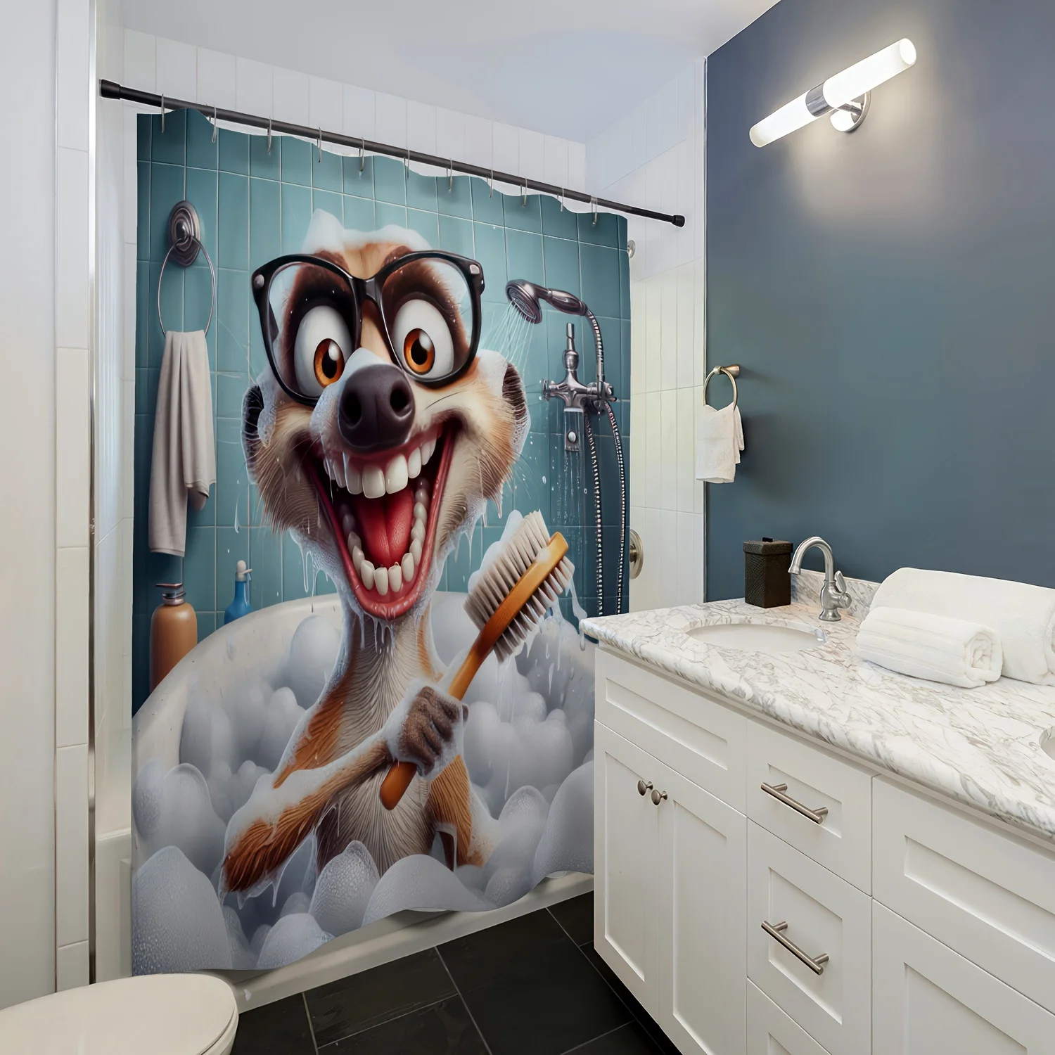 Cute Cartoon Ferret Bath Time Shower Curtain Waterproof Polyester, Machine Washable with Hooks Included, Perfect for All Seasons 6