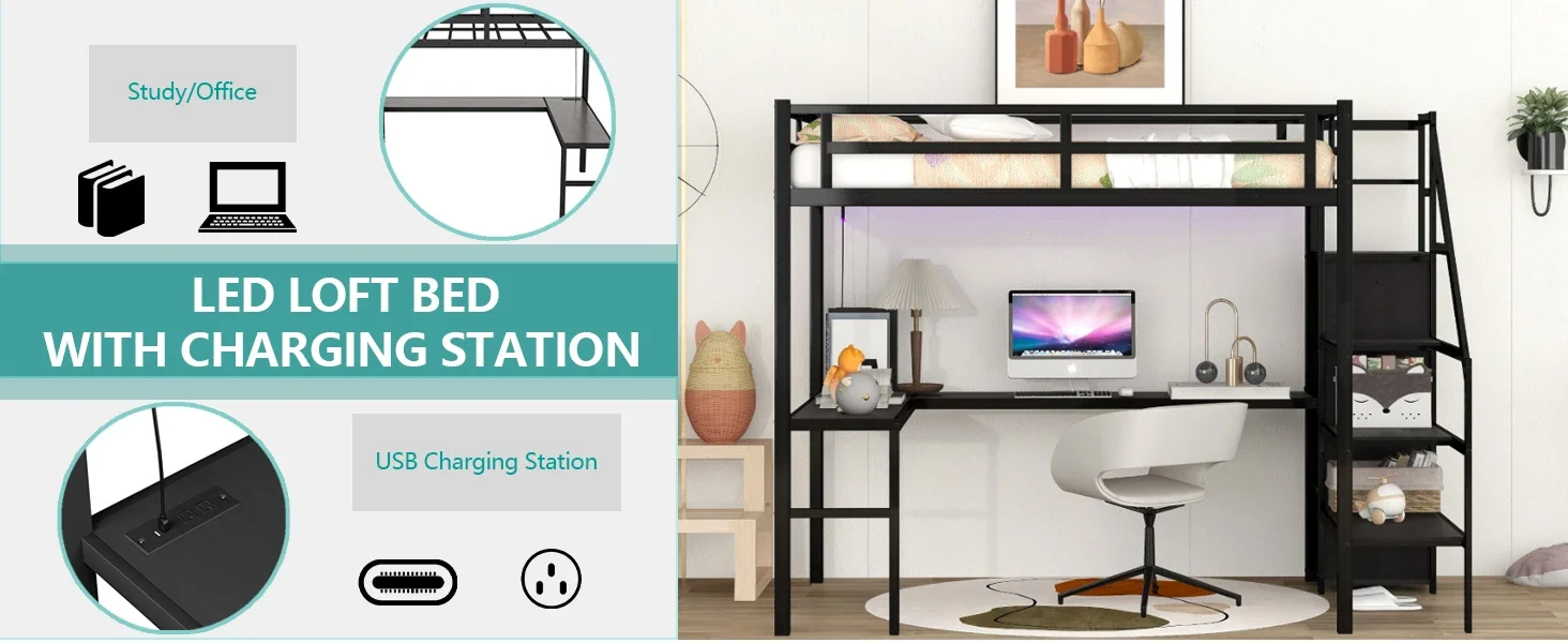 Full Size Loft Bed with Desk and Storage Stairs