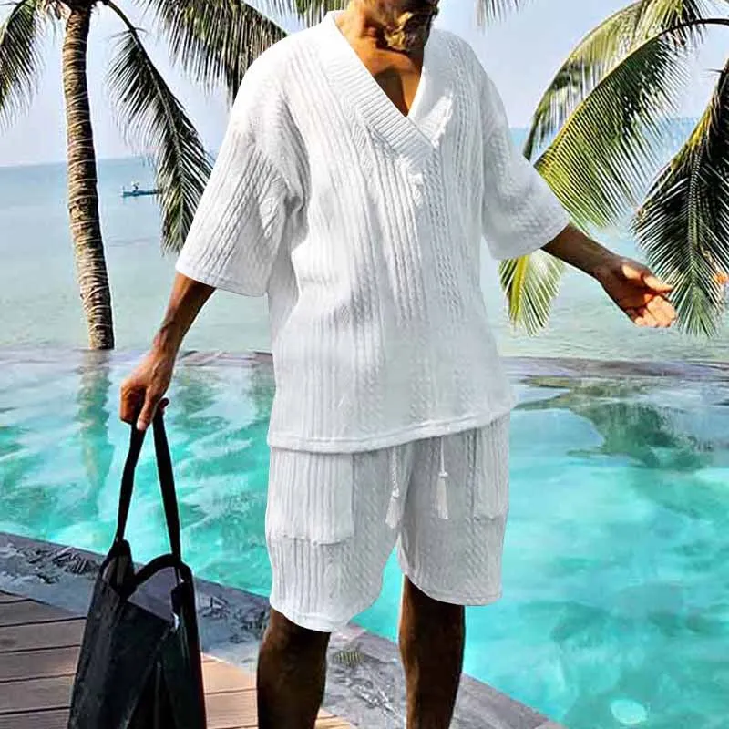 24 summer casual jacquard suit men's summer loose short sleeve T-shirt shorts V-neck sports suit two-piece men's suit