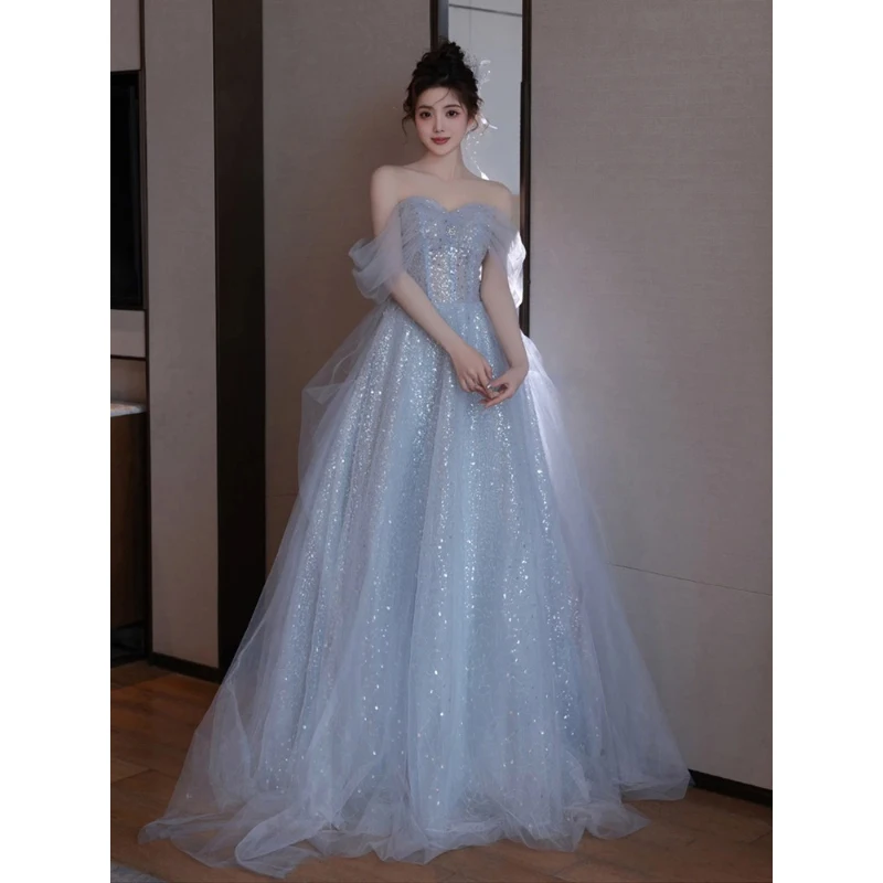 

Women's Evening Dress Blue Tulle Shiny Sequins Slash Neck Off Shoulder Floor-Length Elegant Banquet Gown Birthday Party Dresses