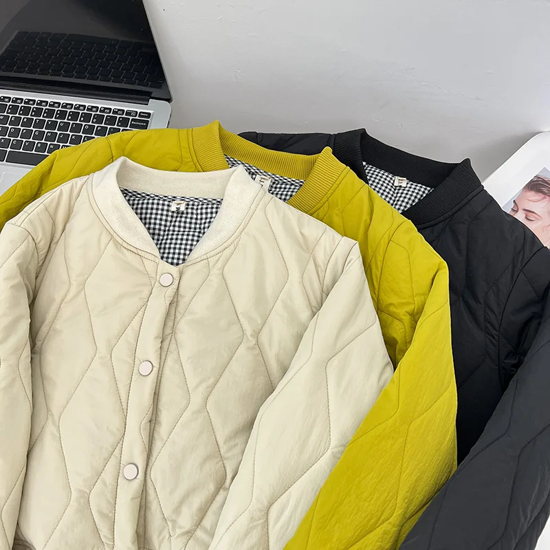 Autumn Winter 100kg Simple Thin Cotton-padded Jacket Plus Size Women's Warm Argyle Parka