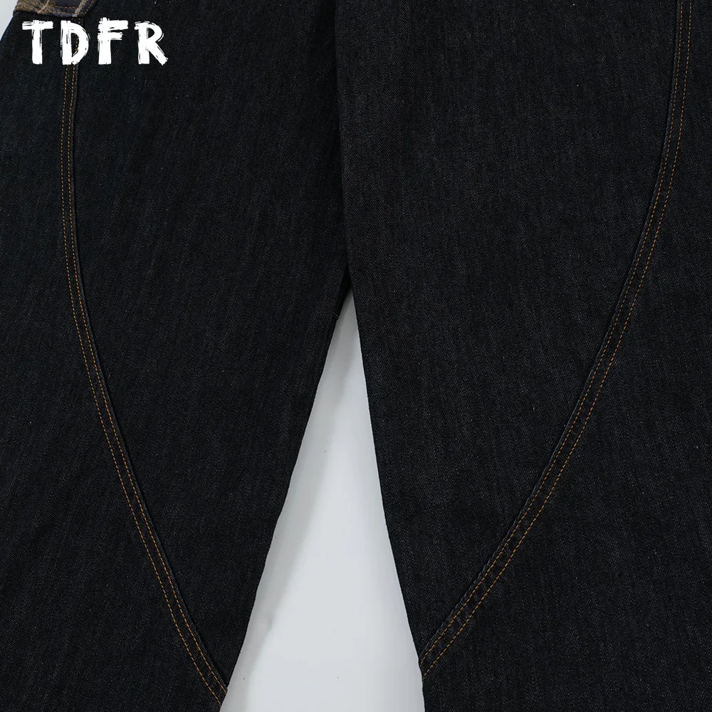 Pocket Patchwork Jeans Mens Letter Embroidery Retro Streetwear Spliced Wide Leg Denim Pants Men Trousers