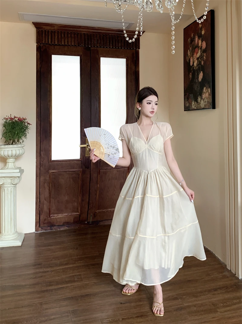 Elegant Long Dresses for Women V-neck A-line Birthday Party Dress French Casual High Waist Summer New Prom Retro Vestidos Mujer