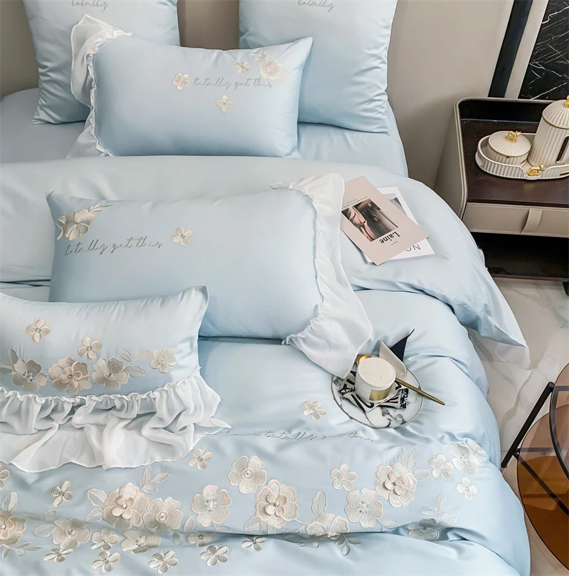 Waliicorners Lace Edge Quilt Duvet Cover Set Bed Linen Pillow Shams 1200TC Egyptian Cotton Silvery Flowers Embroidery Princess Bedding Set 27 S1be40f76c7db47bebfc8acfd87652d5ad