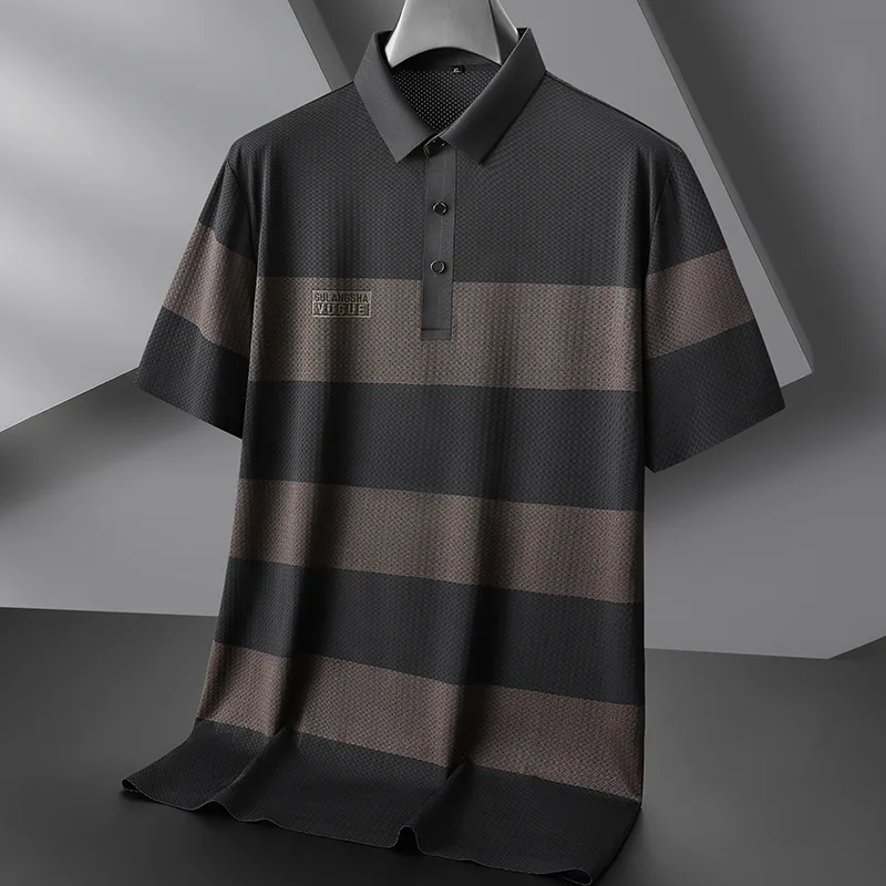 

New Arrival Fashion Suepr Large Ice Silk Short Sleeved T-shirt with Men's Stripes Plus Size XL 2XL 3XL 4XL 5XL 6XL 7XL