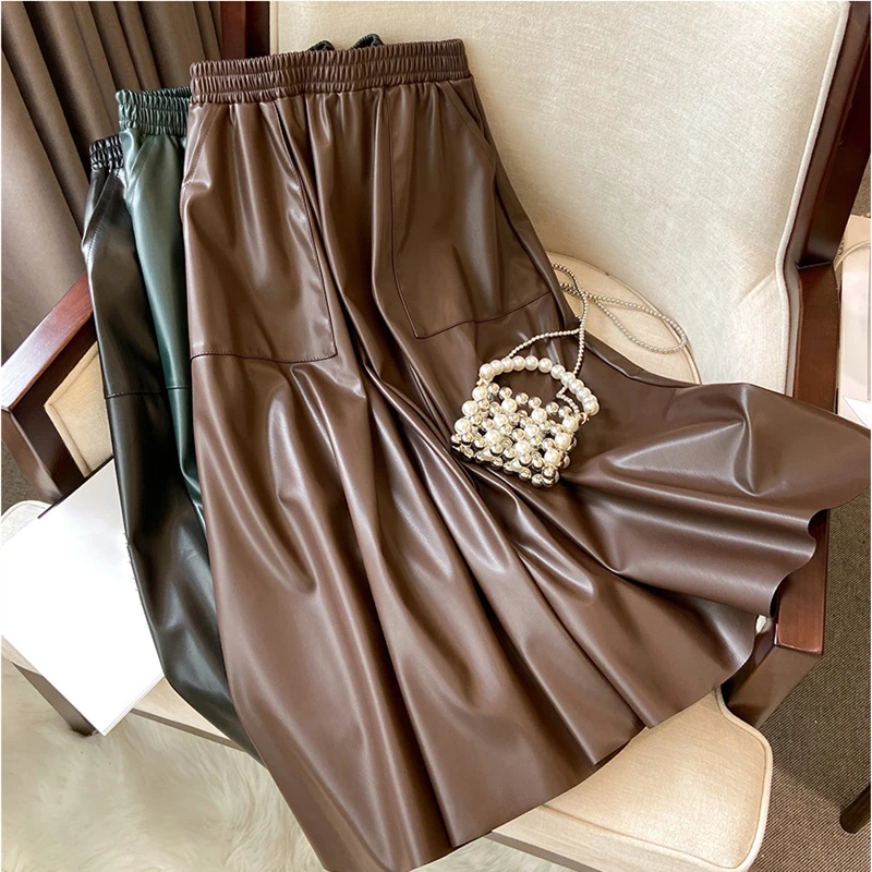 

Женская длинная юбка с карманами, черная винтажная юбка-трапеция из искусственной кожи с высокой талией и поясом на резинке, Осень-зима 2023