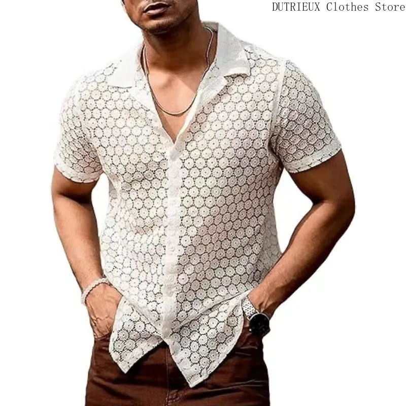 Camicia a maniche corte in pizzo moda uomo primavera/estate Party Club Camicia trasparente scavata sexy Abbigliamento da uomo casual da strada