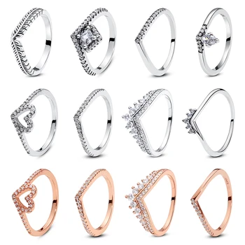 Original 925 Sterling Silver Rings For Women Love Heart Crown Wishbone Engagement Wedding Ring Rose Gold Luxury Jewelry Gift