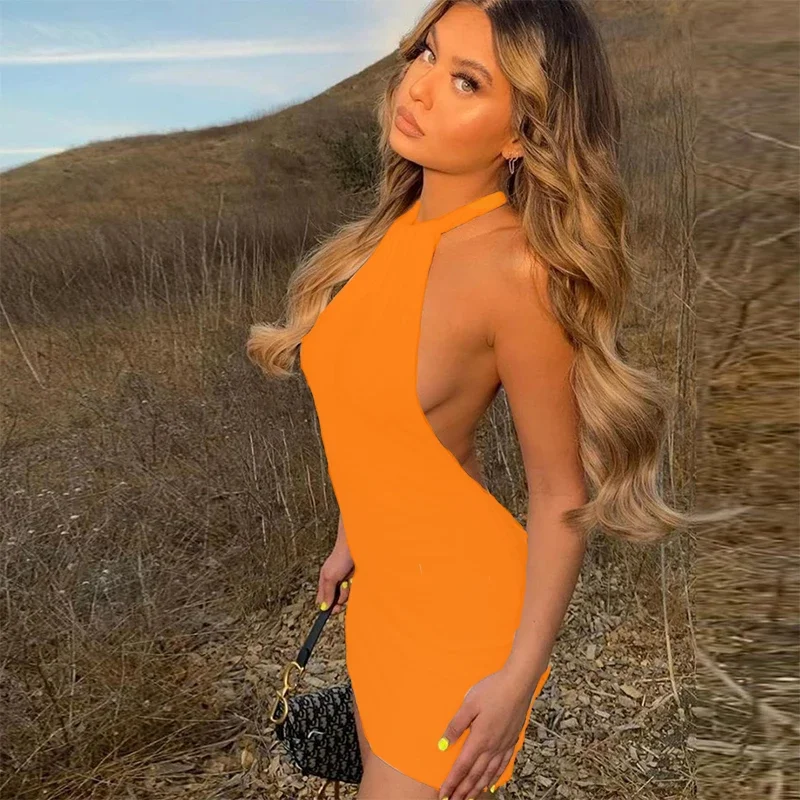 

Solid Color Bodycon Dress Women Halter Sexy Skinny Hollow Out Backless Mini Dresses Summer Sleeveless Beach Party Club Vestido