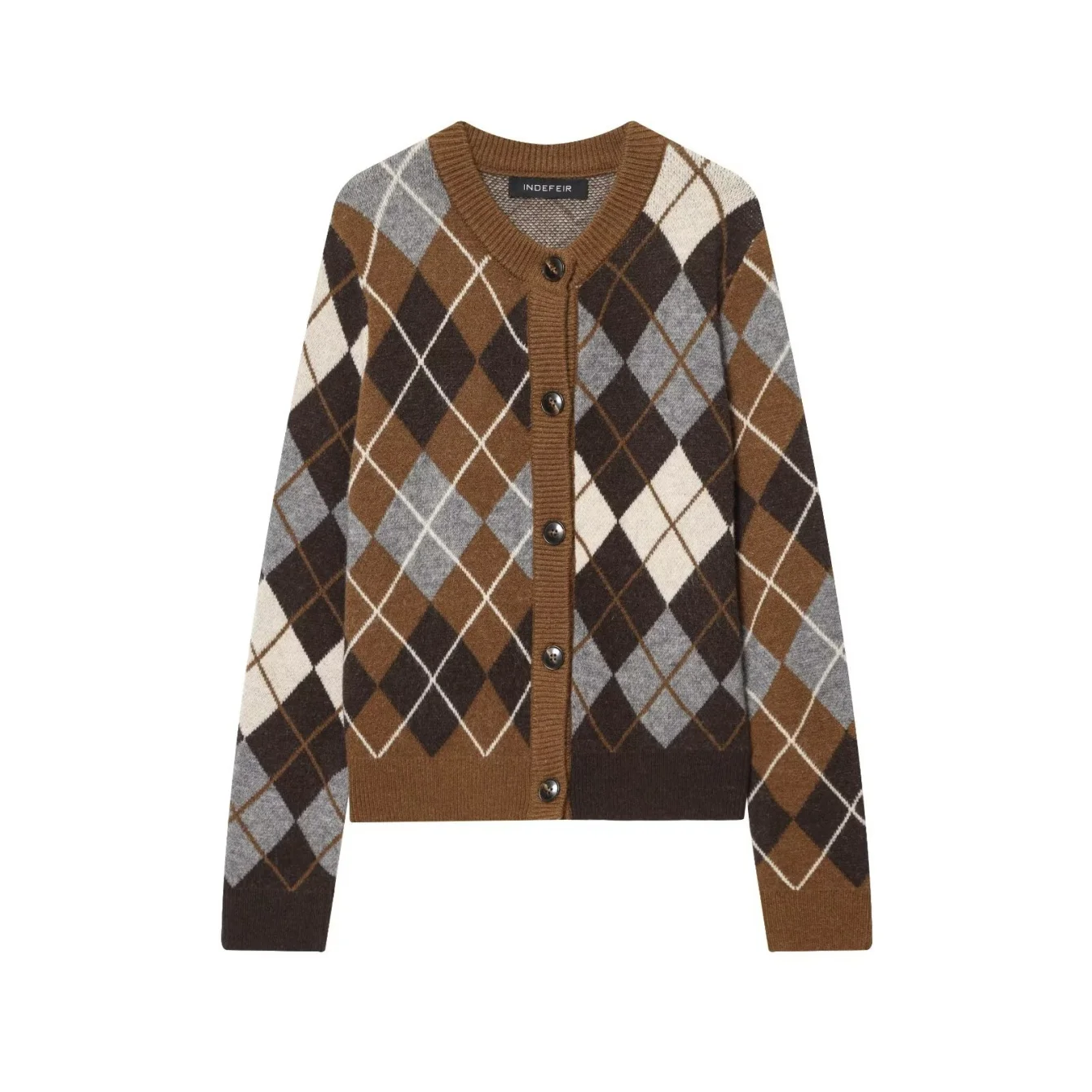 Women British Vintage Casual Argyle Knitted Cardigan Female O-Neck Long Sleeved Sweater Coat Commute High Street Knitted Top