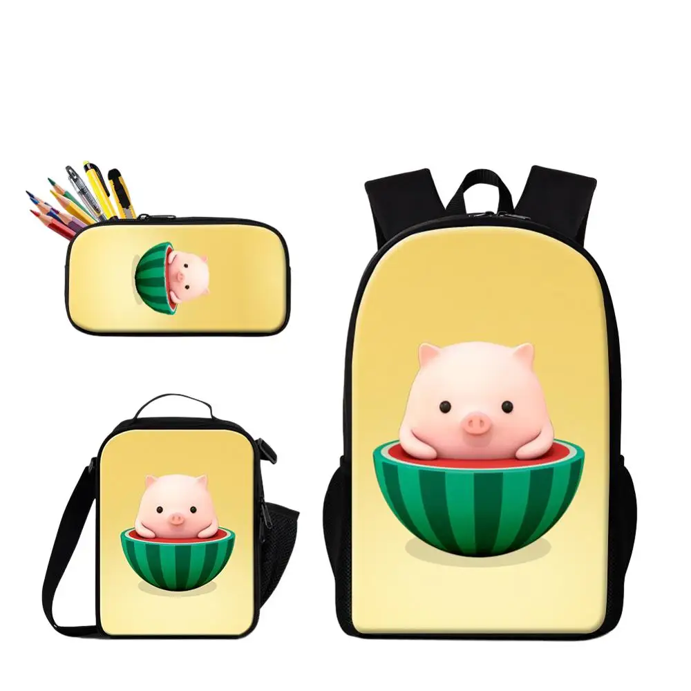 3PCS Student Daily Use Backpack With Food Lunchbox Pencil Case Cartoon Pig Printing Primary Student School Bag Girl 600D Bookbag