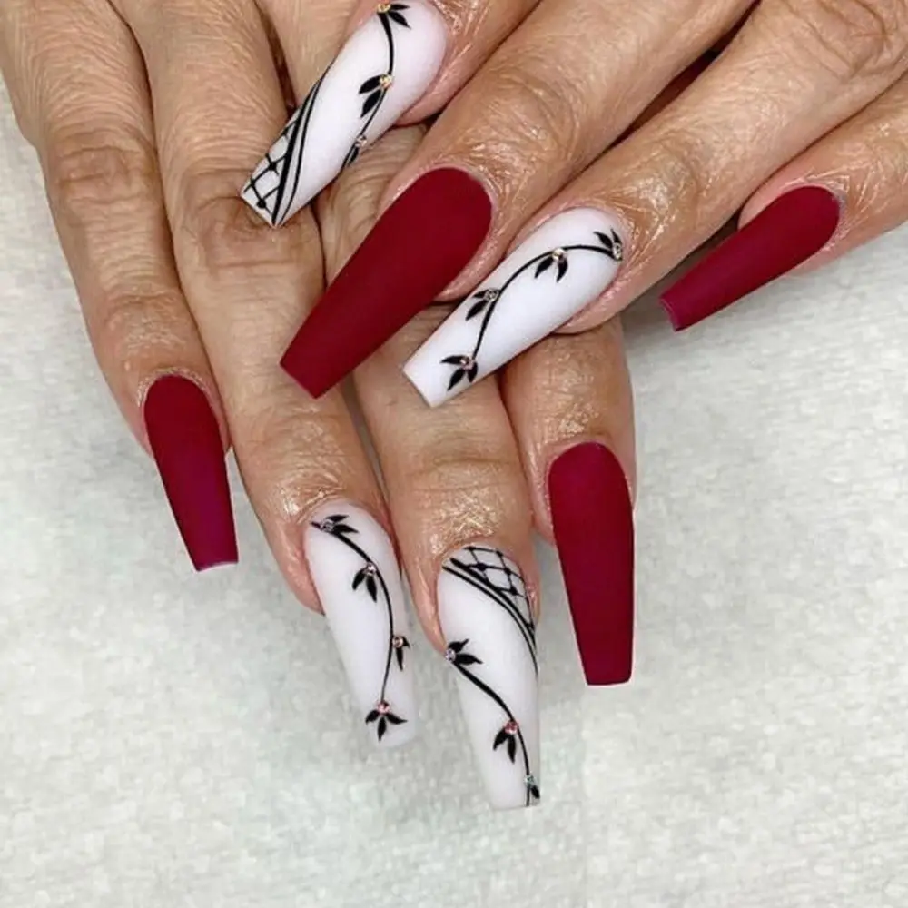 24pcs/set Red And White False Nails With Grass Pattern French Ballerina  Fake Nails Full Cover Coffin Nail Tips Press On Nails - False Nails -  AliExpress
