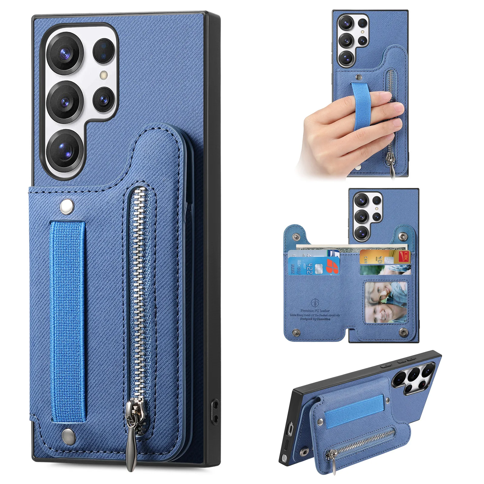 Zipper Card Slot Leather Wallet Case with Elastic Wrist Strap