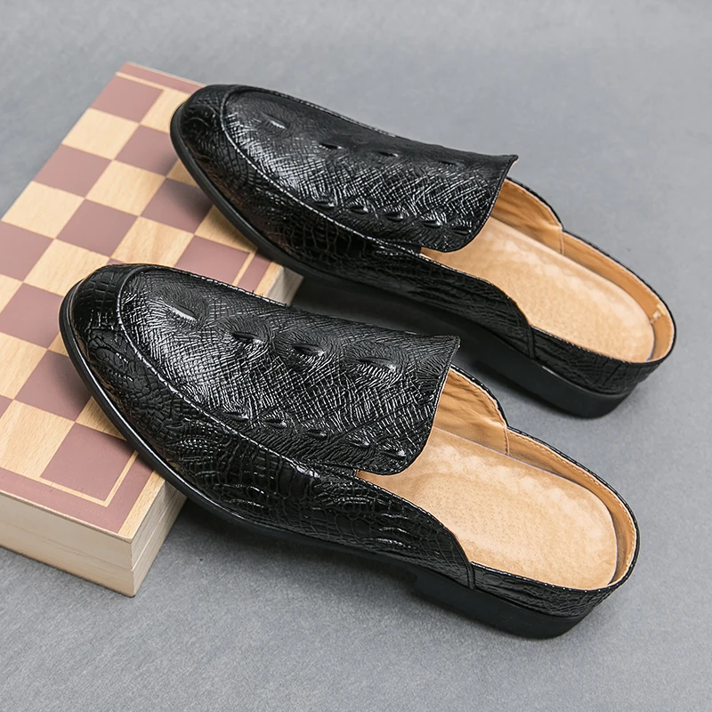 Elegant Men's Crocodile Print Half-Mule Dress Shoes Leather Loafers Perfect for Wedding Parties Daily Available in Black & Brown 5