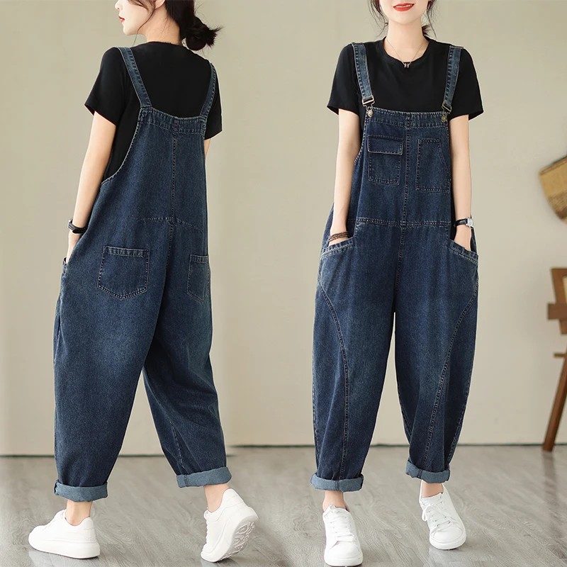 6223 Spring Fall Fashion Women's Multi Pocket Cargo Suspender Female Vintage Patchwork Blue Denim Overalls Casual Loose Jumpsuit 2