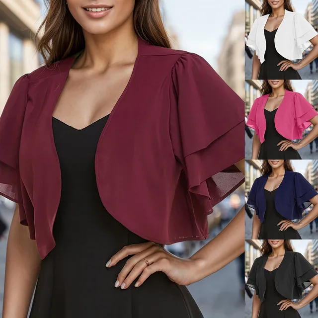 Open Front Short Sleeve Chiffon Cardigan Suncreen Shrug Cape Fashion Cover Up Shawl Coat Women Cropped Sheer Bolero Tops 2024 1