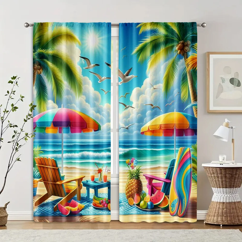2pc,  Curtains Tropical Beach Surfboard Versatile Polyester,Without Electricity Birthday Party Applies to Parties and Everyday 2